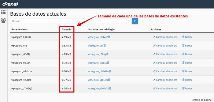 Tamaño de las Bases de Datos