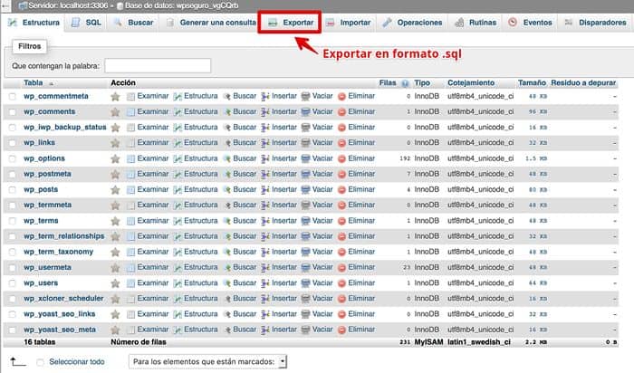 Exportar base de datos desde phpMyAdmin