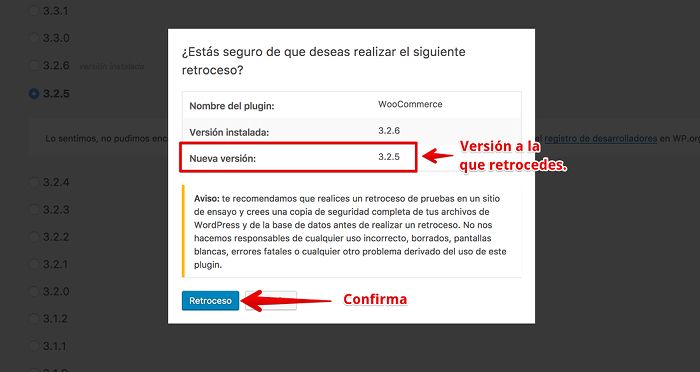 Confirma la acción de retroceso