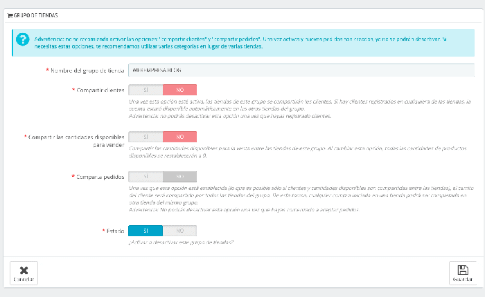 Configuración de apartados para añadir nuevo grupo de tienda en Prestashop