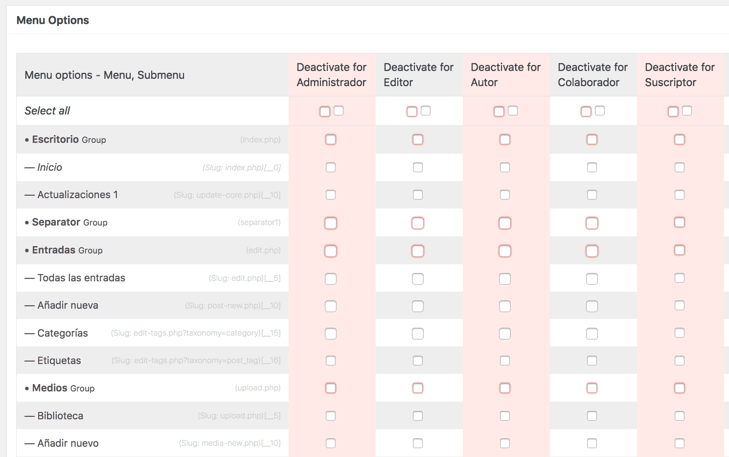 Configuración para ocultar opciones en la administración de WordPress