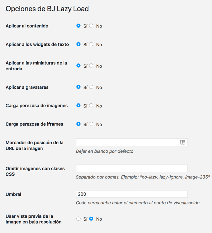 Configuración de plugin Pantalla de configuración Lazy Load