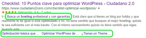 Fragmento de una tabla de contenidos en las SERP