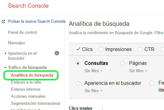 Menú de análisis de búsqueda en Google