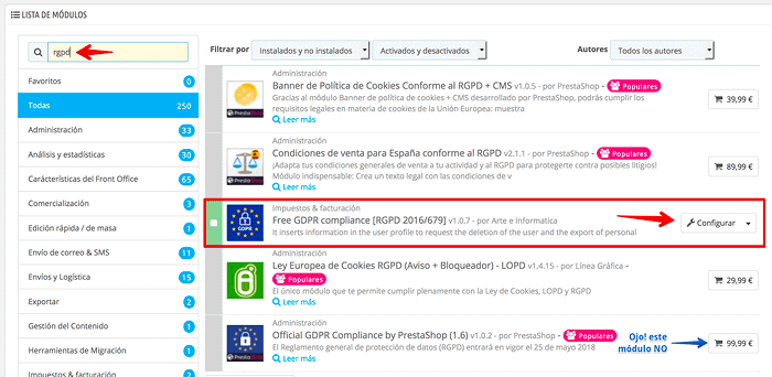 Configuración del módulo PrestaShop Free GDPR compliance [RGPD 2016/679]