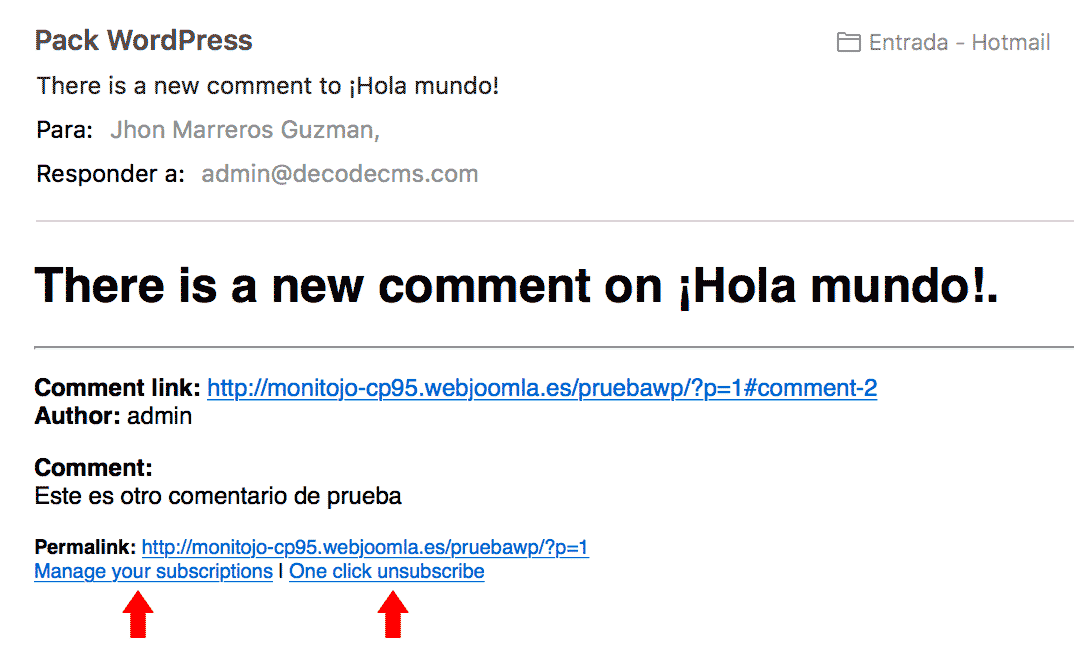 correo de notificación nuevo comentario