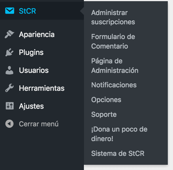 menu plugin suscripción a comentarios en WordPress