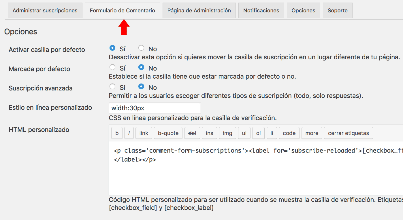 Formulario de comentario configuraciones