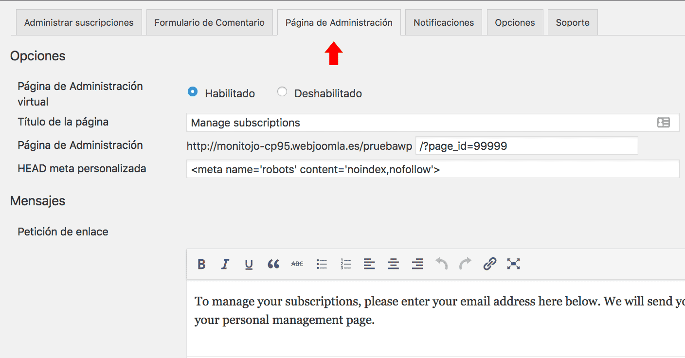 Pantalla Página Administración configuración