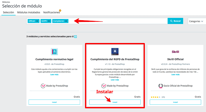 Instalar el módulo de RGPD