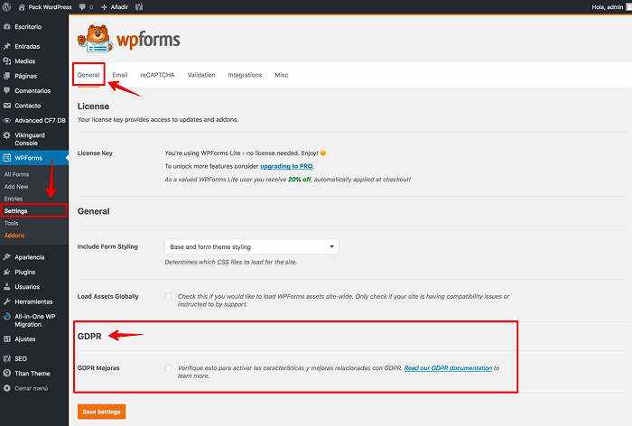 Settings, WPForms, General, GDPR