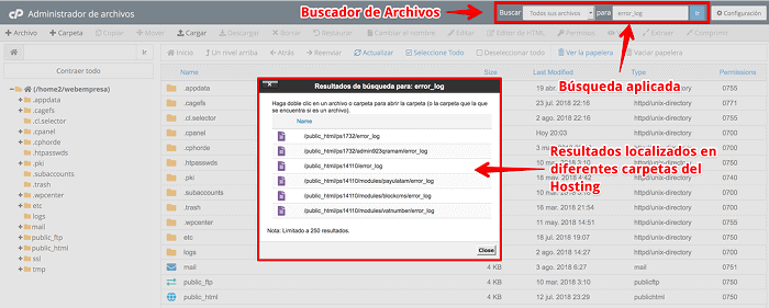 Resultados de búsqueda de archivos error_log