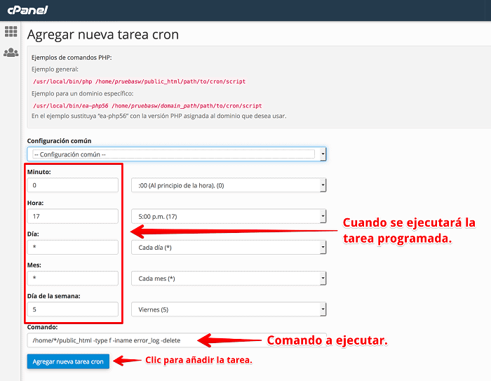 Tarea cron para eliminar archivos error_log