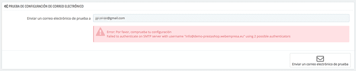 Error de envío de prueba