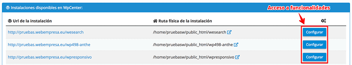 Acceso a funcionalidades