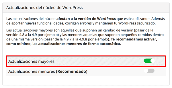 Activación de actualizaciones mayores