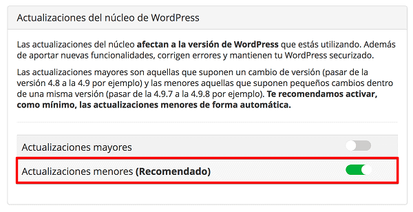 Activación de actualizaciones menores