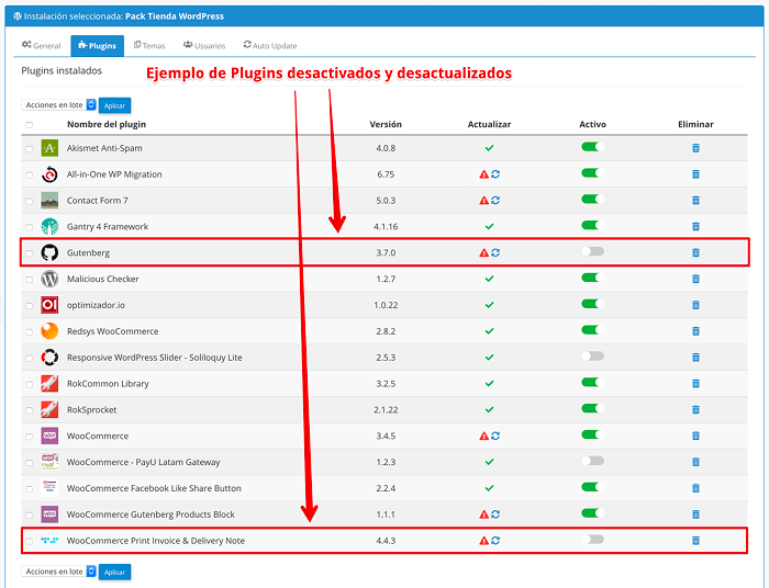 Plugins desactivados y desactualizados