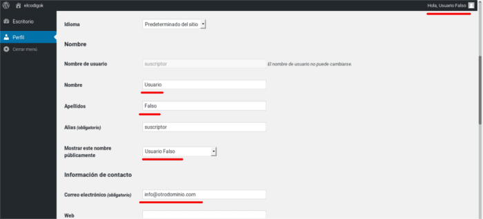 Modificación de la Información del usuario