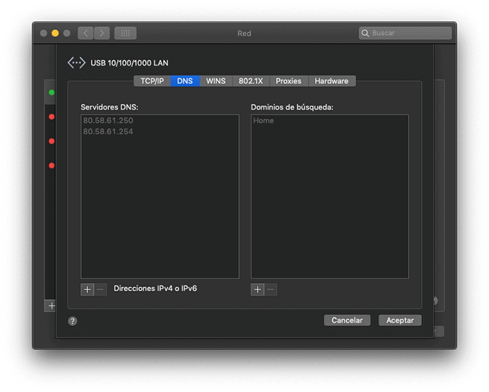 Selecciona la pestaña DNS en Mac OSX