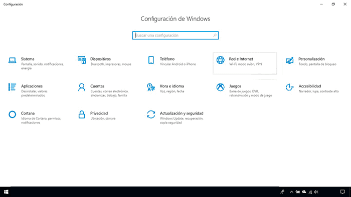 Seleccionar Red e Internet en Windows