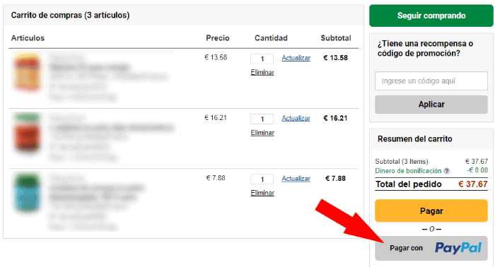 proceder con el pago a través de PayPal Express