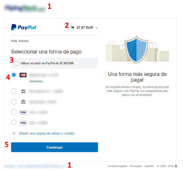 Visualización de datos e importe de compra en PayPal