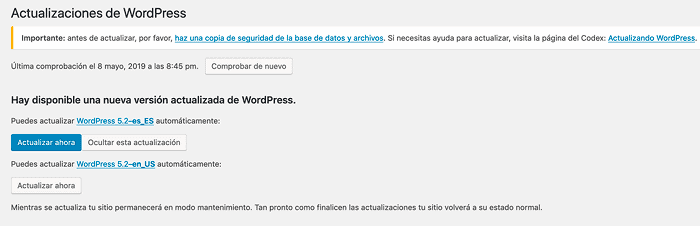 Disponible actualización a WordPress 5.2