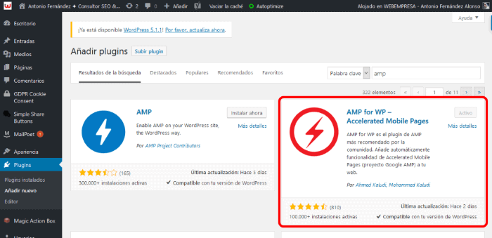Instalación de AMP for WP en WordPress