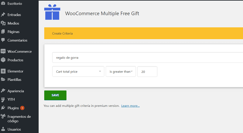 Opción de criterios en plugins en WooCommerce