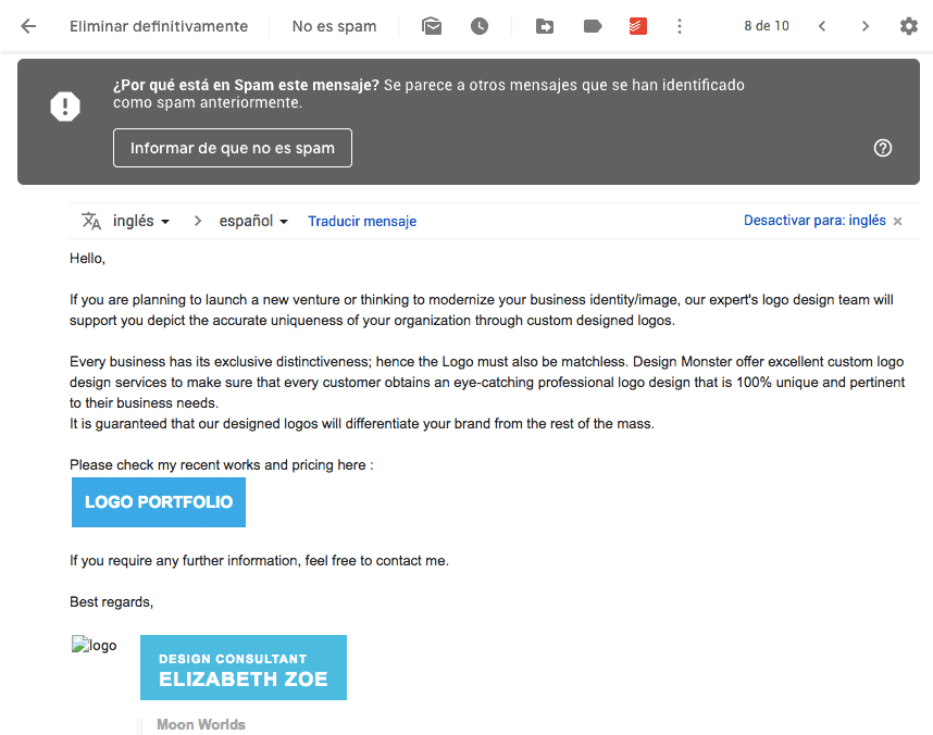 Cómo evitar el Spam en Email Marketing: ejemplo correo no deseado