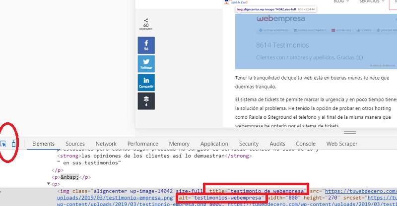 Atributos de imágenes en WordPress y SEO: inspeccionar atributos