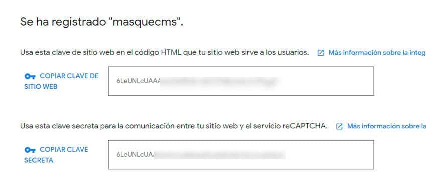 Formulario de registro de Dominio Captcha: calves públicas y privadas