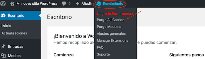 Botón de vaciado en W3 Total Cache