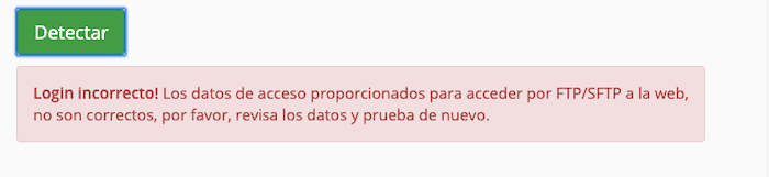 Aviso de datos FTP incorrectos