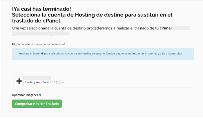 Selección de cuenta de hosting de destino