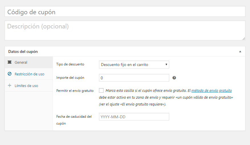 Configuración de cupón sin plugin activado