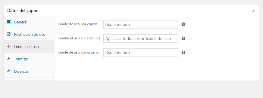 Configuración Límites de uso del cupón