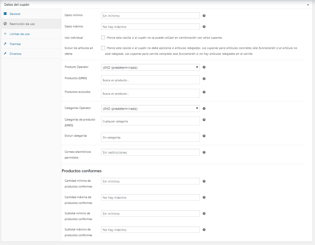 Configuración del cupón en la pestaña Restricciones de Uso