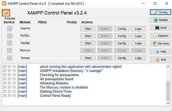 Panel de control Xampp