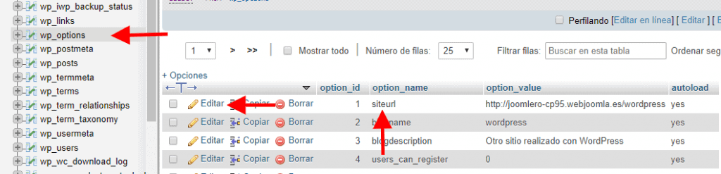 Seleccionar la tabla wp_optintion y pulsar editar en la columna siteurl