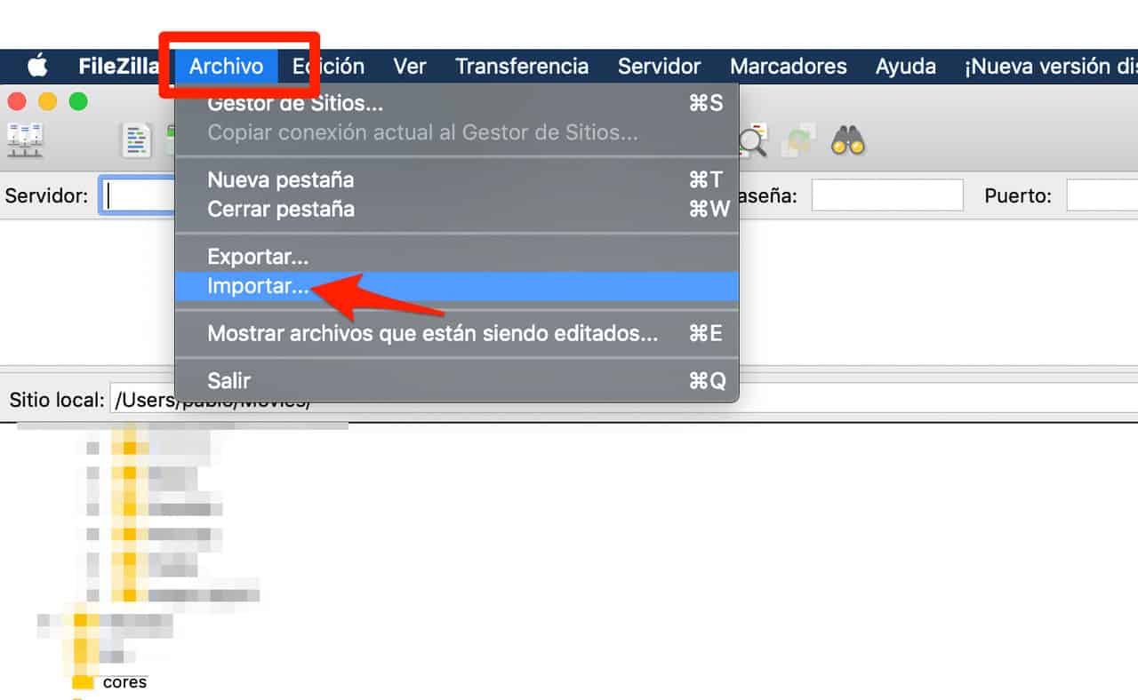 Importar archivo de configuración desde FileZilla