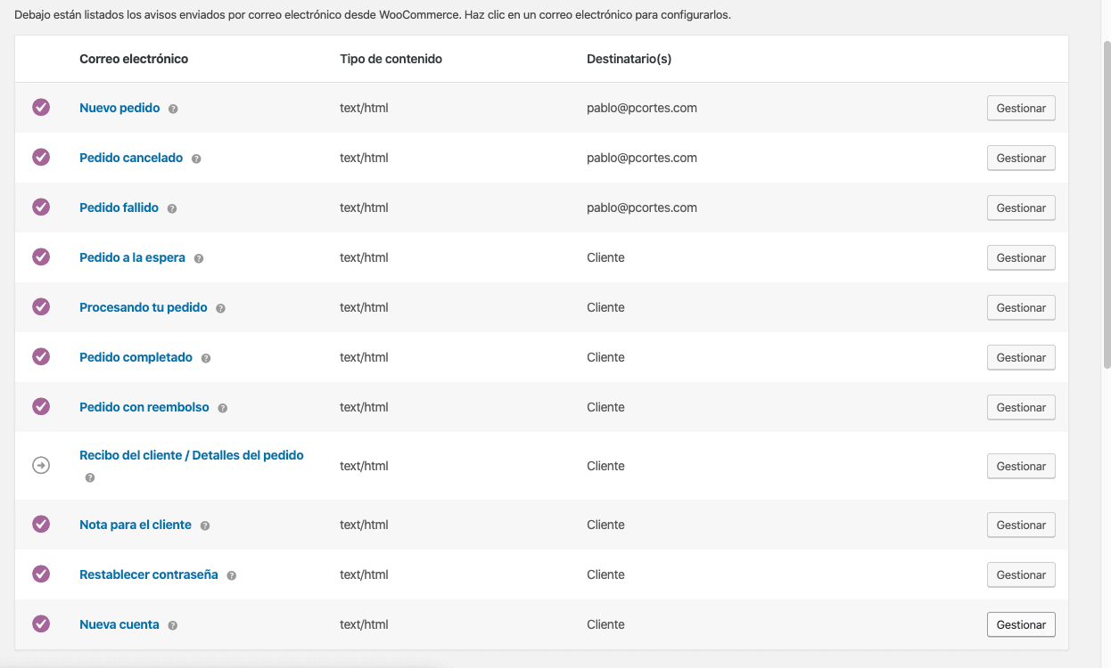 Configuración de notificaciones de correo electrónico WooCommerce