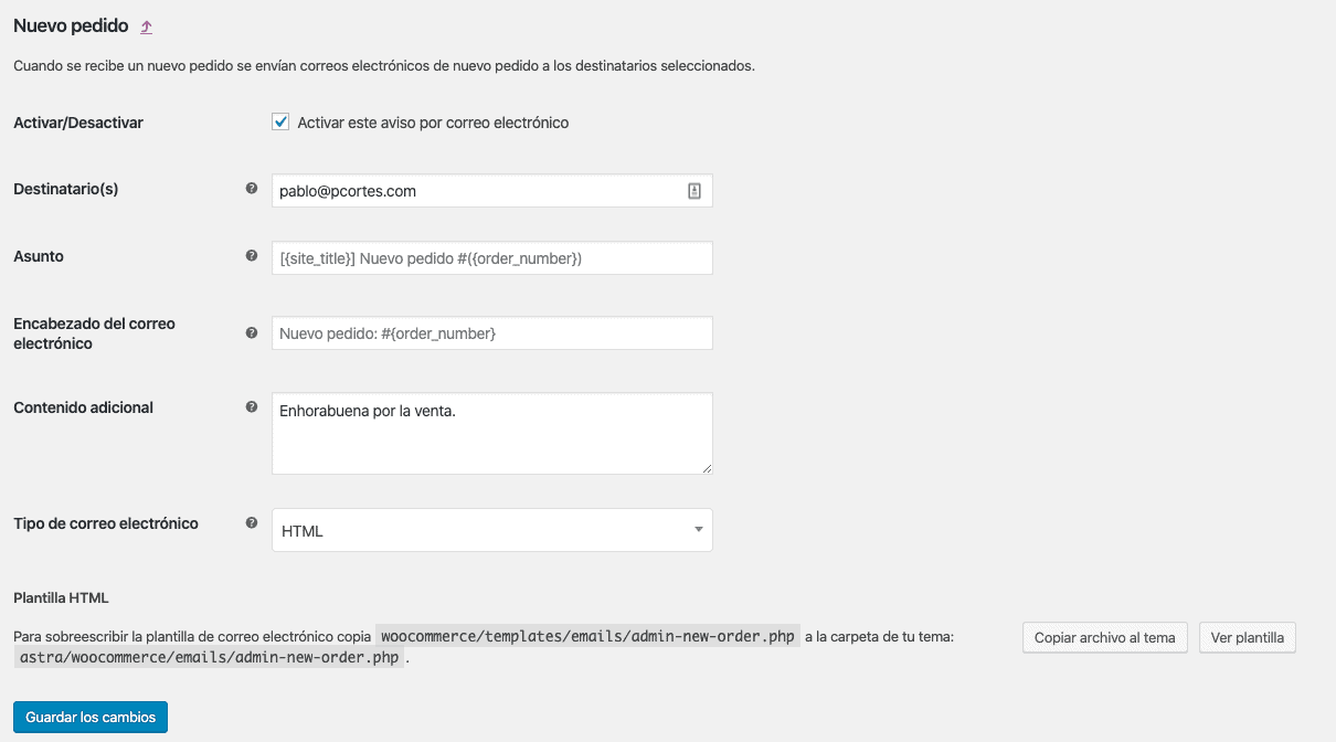 Configuración de notificaciones de correo electrónico WooCommerce