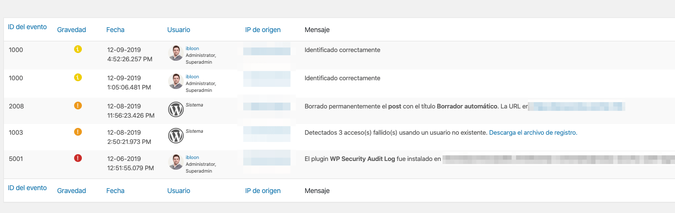 Visor del registro de auditoría del plugin WP Security Audit Log