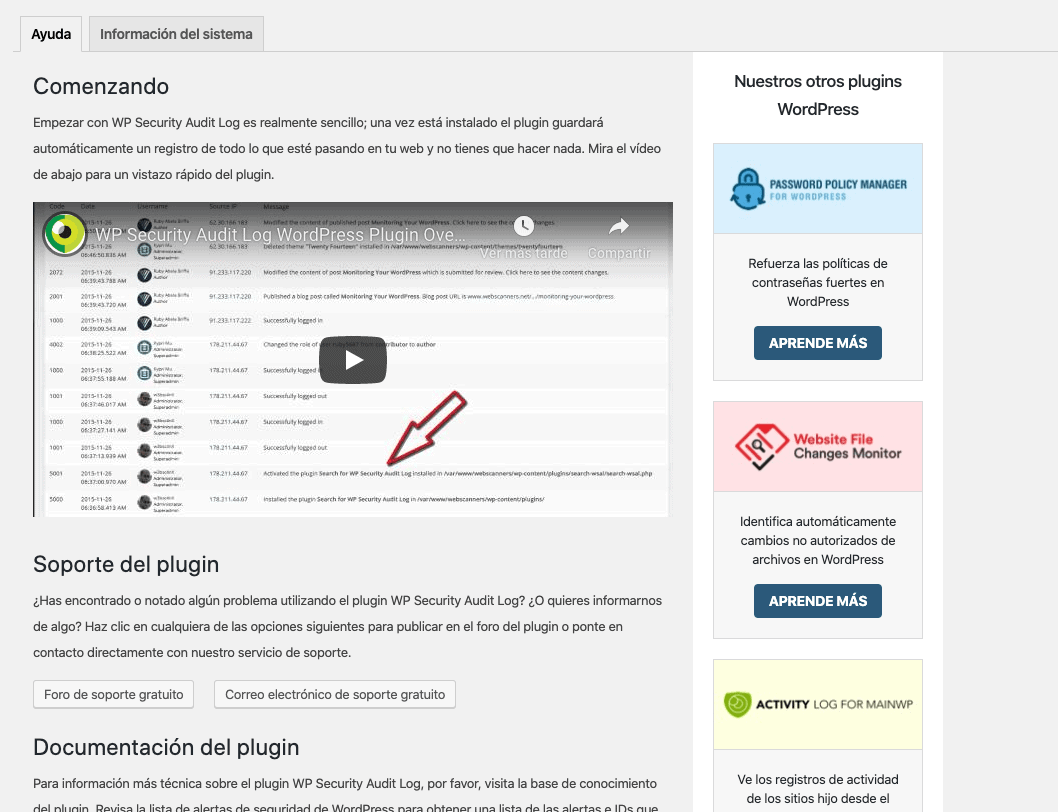 Revisar la ayuda del plugin WP Security Audit Log