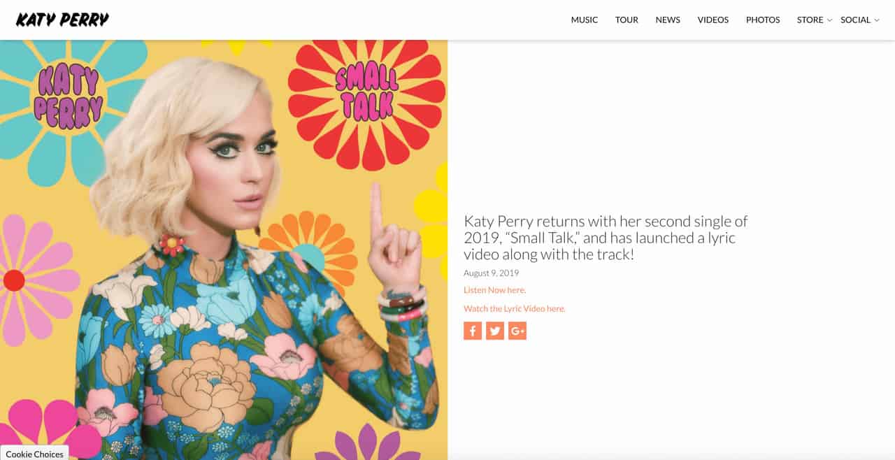 Web personal popular ejemplo Katy Perry