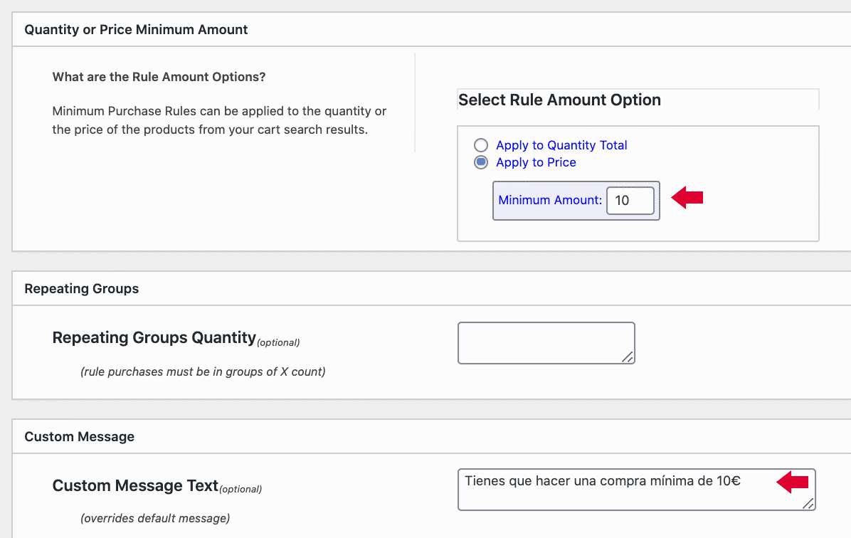 plugin configuración de compra mínima