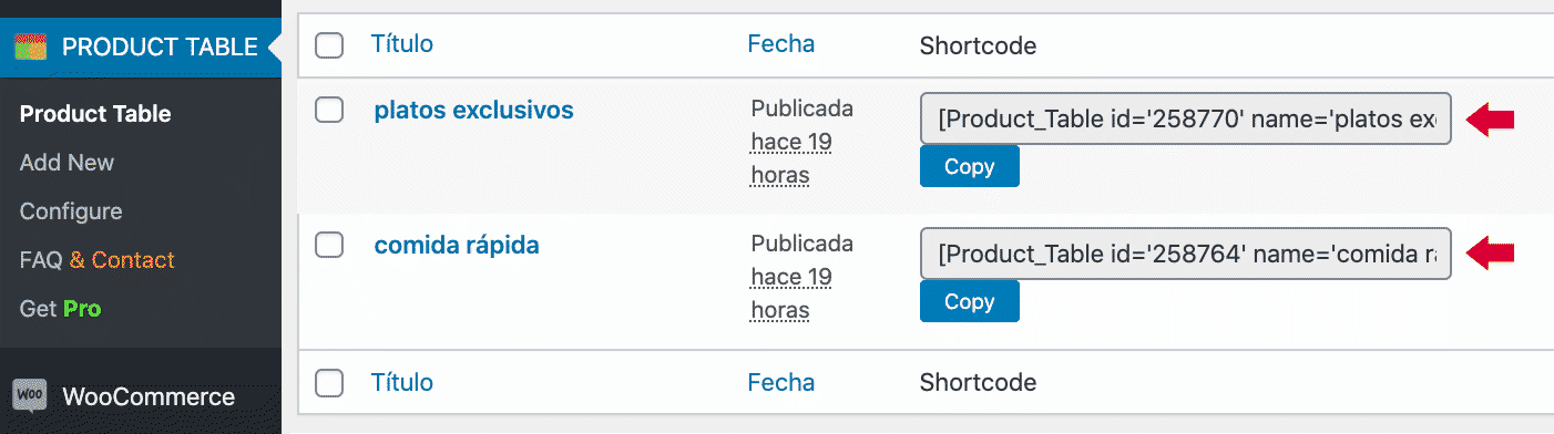 plugin tabla de productos configuración