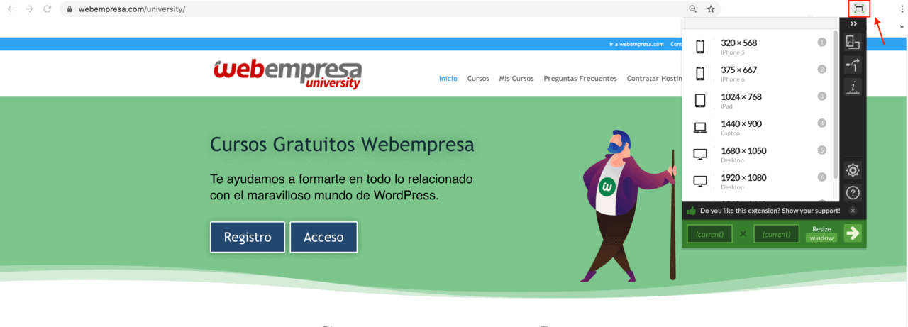 Herramientas responsive móvil Extensión de Chrome Windows Resizer